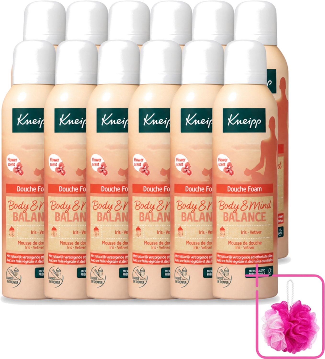 12 x Kneipp - Douche schuim - Body & Mind Balance - Iris & Vetiver - 200 ml - Bulkverpakking - Douche foam - Douchemop - Rust