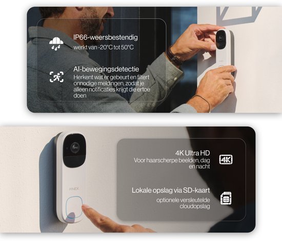 Finex Video Deurbel V3 - Wit - 4K Ultra HD - Inclusief Binnenbel & SD kaart (32GB) - AI Bewegingsdetectie - Geen abonnement - Vast stroom of Batterijen - WiFi - T-ring geluid - Slimme Draadloze Video Deurbel Met Camera — afbeelding 3