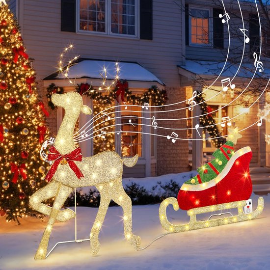 Renne lumineux scintillant avec traîneau dans la neige et notes de musique décoratives.