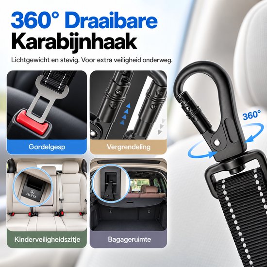 Zwarte hondengordel met 360° draaibare karabijnhaak, geschikt voor gordelgesp en Isofix-punten.
