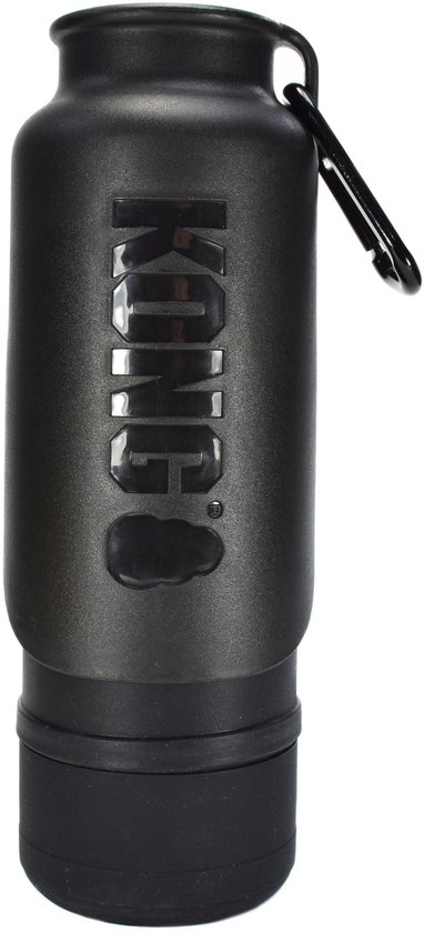 Gourde noire KONG avec mousqueton, en acier inoxydable avec logo en relief.