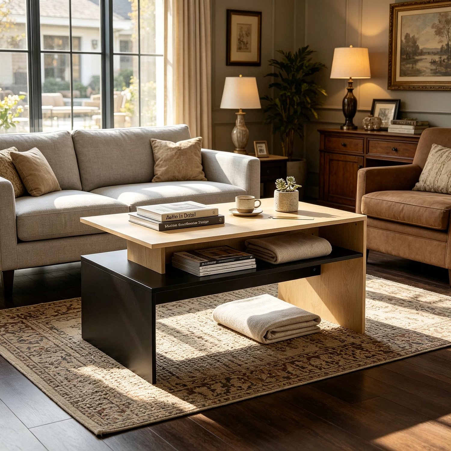 CHICFURN Salontafel 95 cm - open opbergvak - verspringende niveaus - woonkamer - MDF - zwart en naturel hout