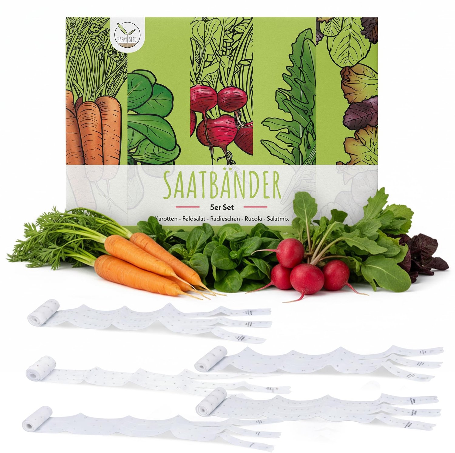Zaadset van 5 - Wortels, Radijs, Rucola, Lamsoren & Babyzaadjes