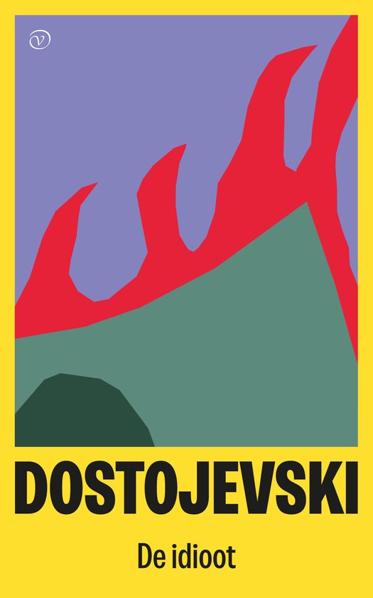 Boekomslag van De idioot door Dostojevski met abstracte rode vlammen op een blauwe en groene achtergrond.