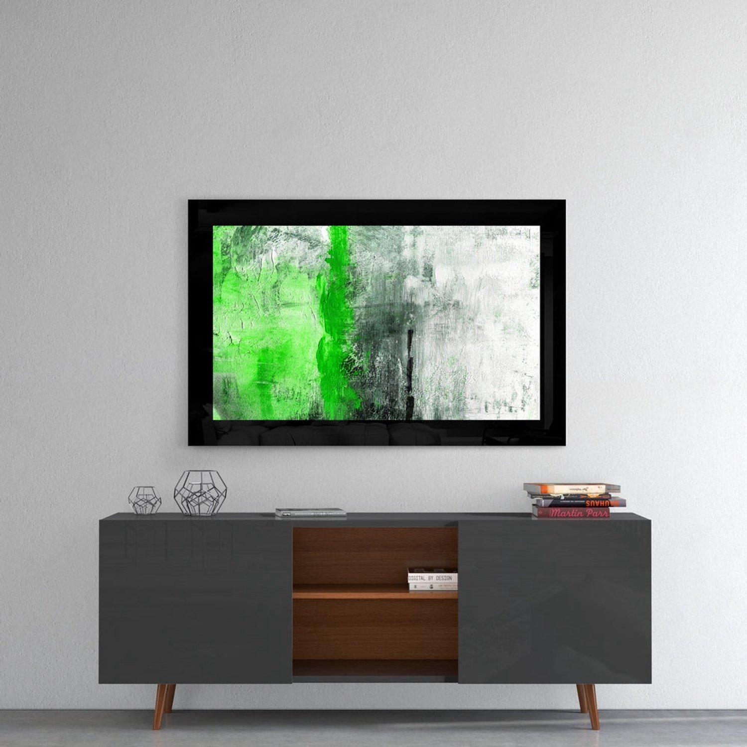 Glasschilderij – Levendige Groene Streep op Grijze Abstracte Textuur – Karaktervolle Wandkunst