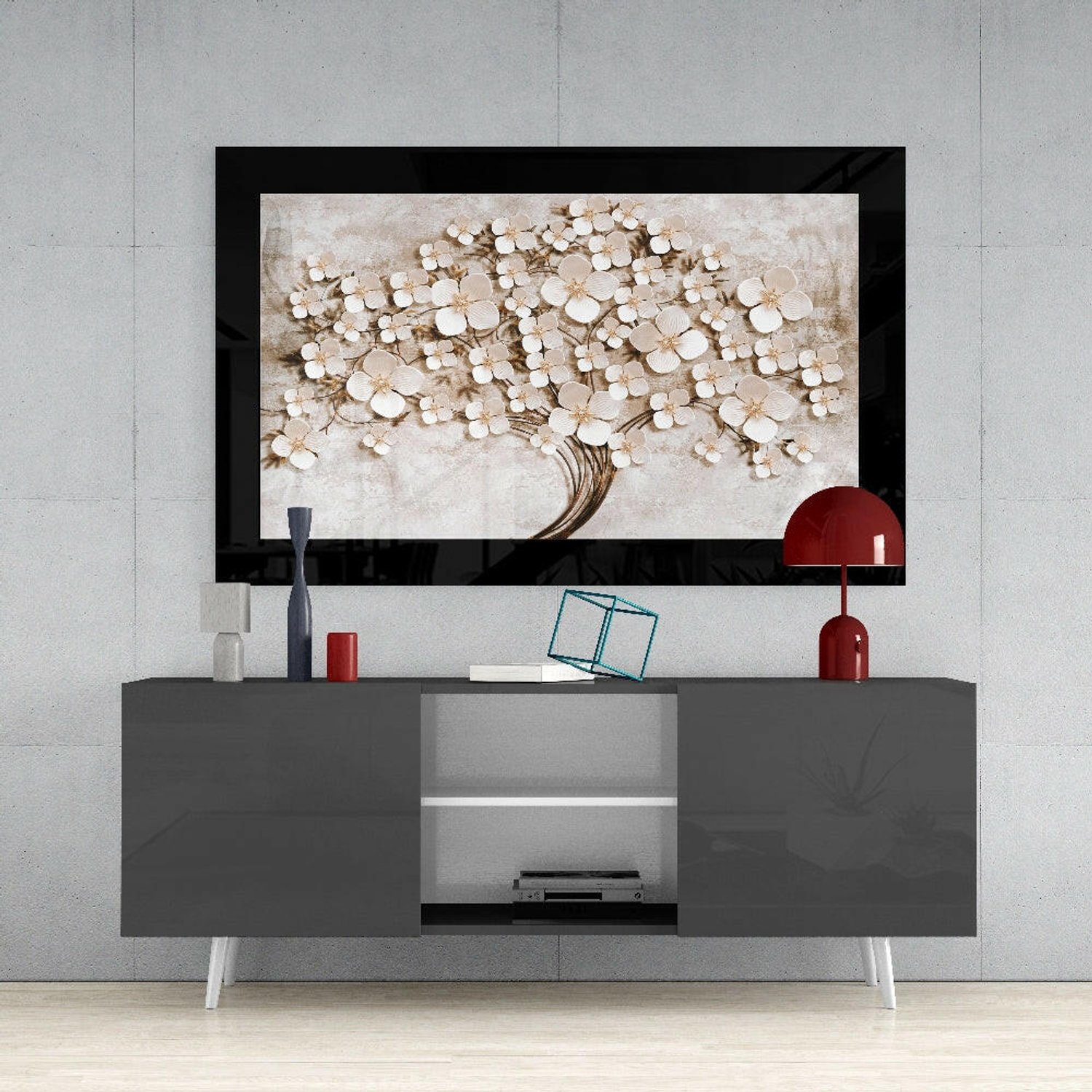 Glasschilderij – Witte Bloesemboom op Stenen Muur – Levensboom – Unieke Wandkunst