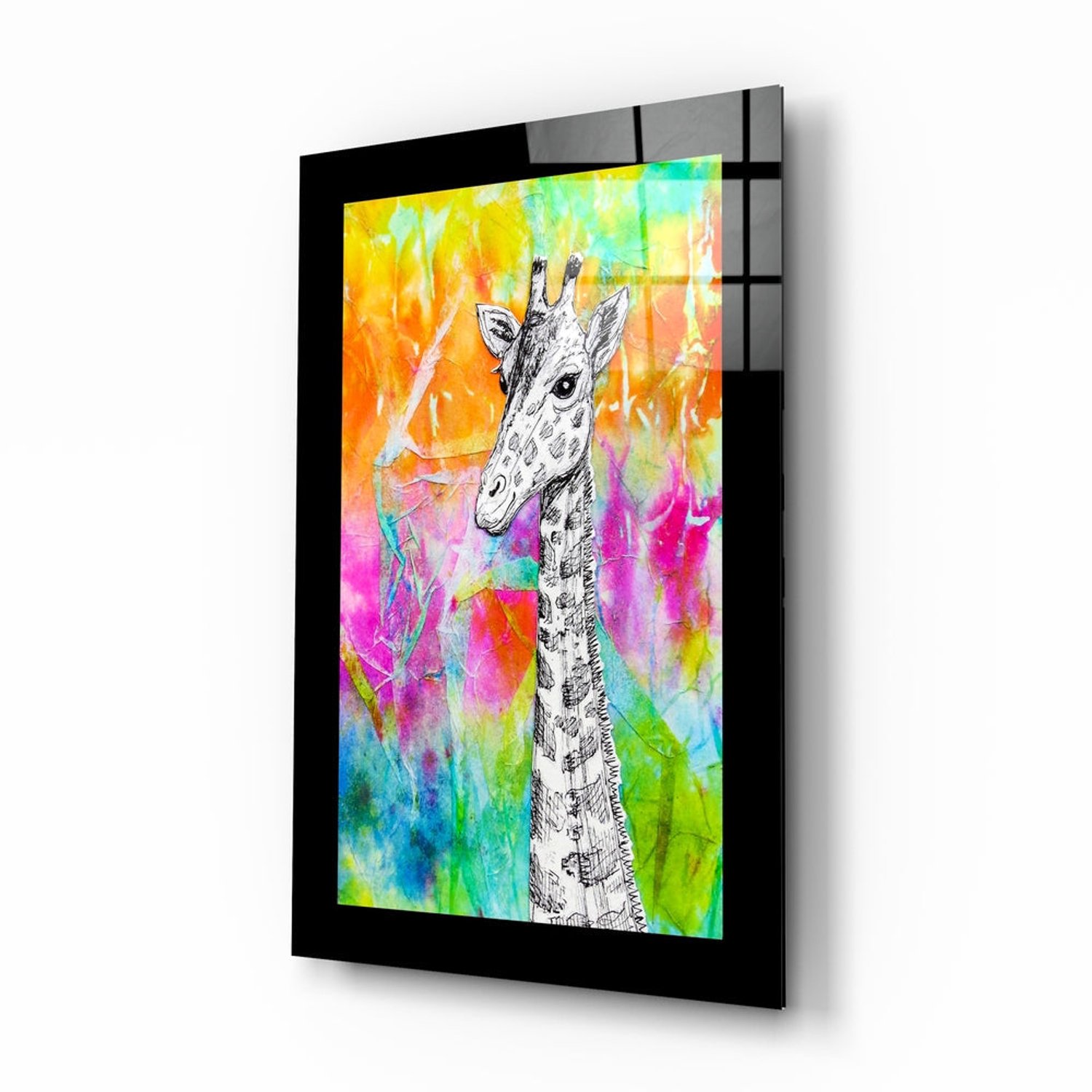 Insigne Art Glasschilderij – Giraffe met Inkt en Neonspetters – Kunstzinnige Wanddecoratie Meerkleurig