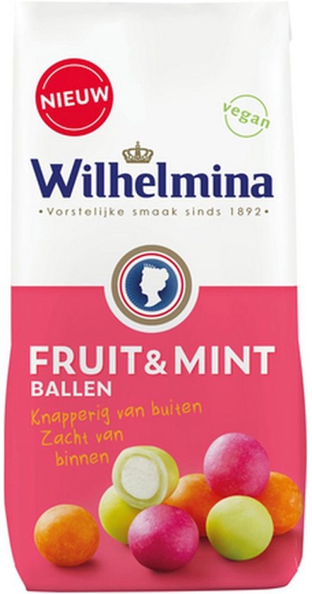 Zak Wilhelmina Fruit & Mint snoepballen met roze onderkant en diverse kleurrijke snoepjes.