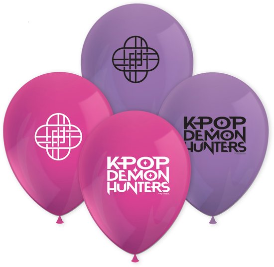 Roze en paarse latex ballonnen met het K-pop Demon Hunters logo en abstracte symbolen.