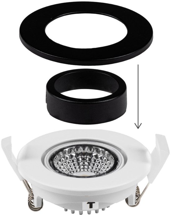 Witte LED-inbouwspot met demonteerbare zwarte ring en focus op de LED-reflector.