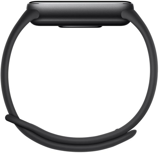 Vue latérale d'un tracker d'activité noir avec un bracelet en silicone souple.
