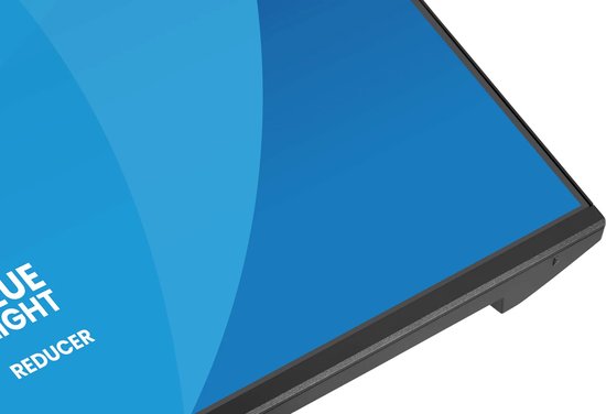 Detailopname van de zwarte rand en het blauwe scherm van een iiyama monitor met de tekst Blue Light Reducer.