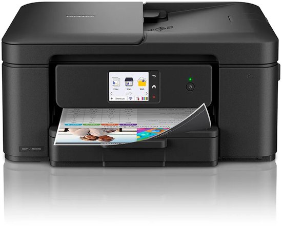 Zwarte Brother DCP-J1460DW multifunctionele inkjetprinter met een afgedrukt document in de uitvoerlade.