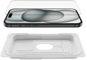 Screenprotector, zwarte smartphone en witte tray met tekst '100% Recycled Plastic'.