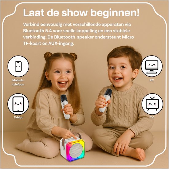 Karaoke Set voor Kinderen met Bluetooth Speaker van MMOBIEL – Met 2 Draadloze Microfoons, LED-verlichting, Geluidseffecten – Feest, Cadeau voor Meisje, Jongen, Kinderen 3+ jaar – Beige — afbeelding 3