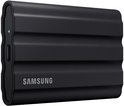 Zwarte Samsung externe SSD met geribbelde textuur, USB-C poort en statuslampje aan de zijkant.