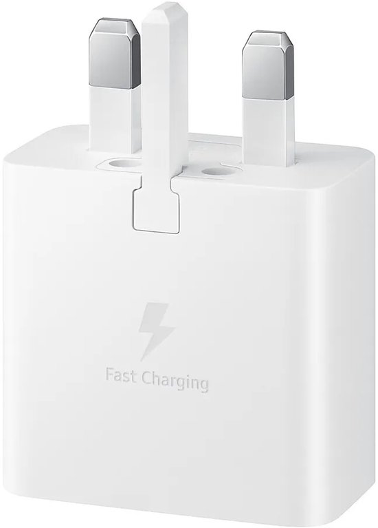 Witte Samsung 15W snellader met Britse stekker en bliksemicoon.