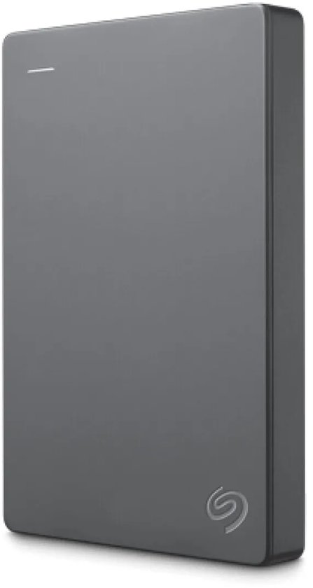 Grijze Seagate externe harde schijf in staande positie met Seagate-logo en statuslampje.