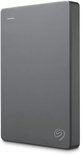 Grijze Seagate externe harde schijf in staande positie met Seagate-logo en statuslampje.