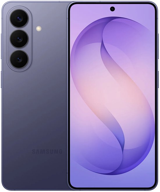 Samsung smartphone in Cobalt Violet, getoond met zowel de achterkant met camera's als het scherm ernaast.