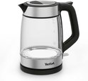 Tefal glazen waterkoker met zwarte handgreep en roestvrijstalen accenten, inhoud 1,7 liter.