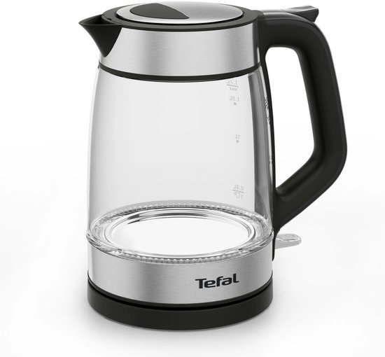 Tefal glazen waterkoker met zwarte handgreep en roestvrijstalen accenten, inhoud 1,7 liter.