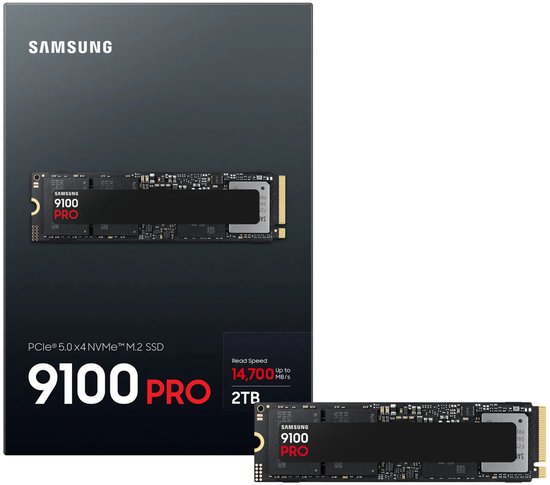 Samsung 9100 PRO SSD-verpakking met de SSD apart afgebeeld voor de doos.