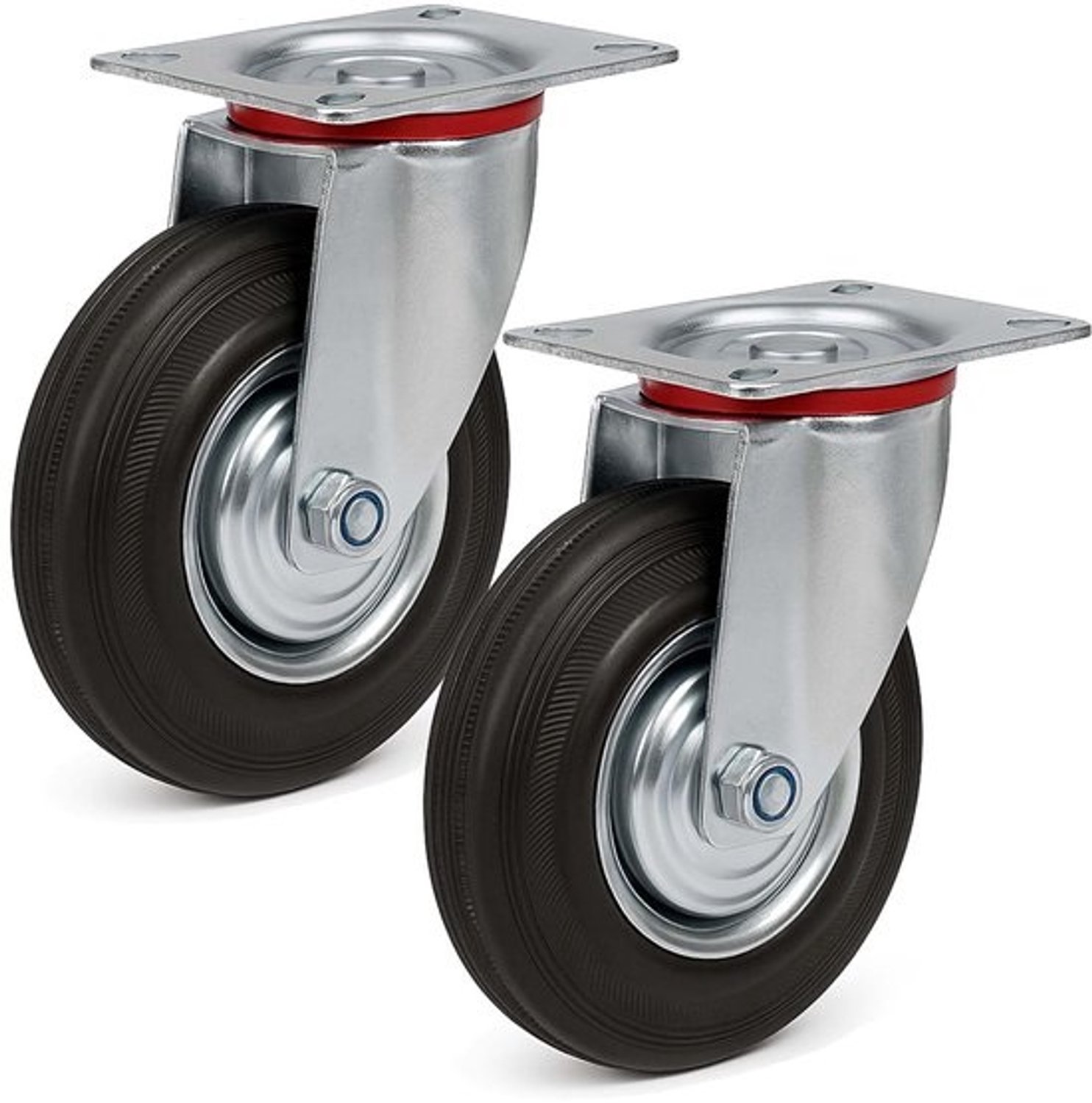 Rubberen zwenkwielen - Transportwielen - Voor het verplaatsen van zware ladingen - Metalen velgen - 200 mm - Draagvermogen - 150 kg - Zwart