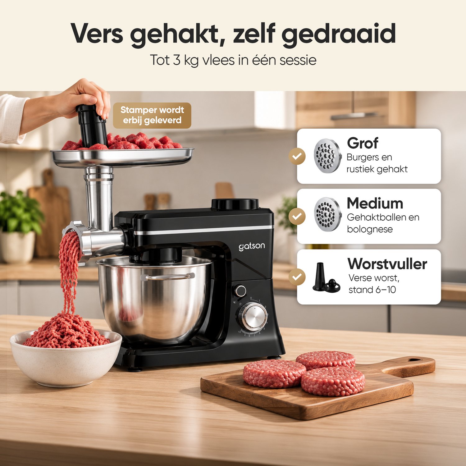 Gatson Multifunctionele Keukenmachine - Blender, Vleesmolen, Koekjesmaker & Groentesnijder - Keukenmixer - Keukenrobot - Foodprocessor - Mixer Met Mengkom thumbnail 2