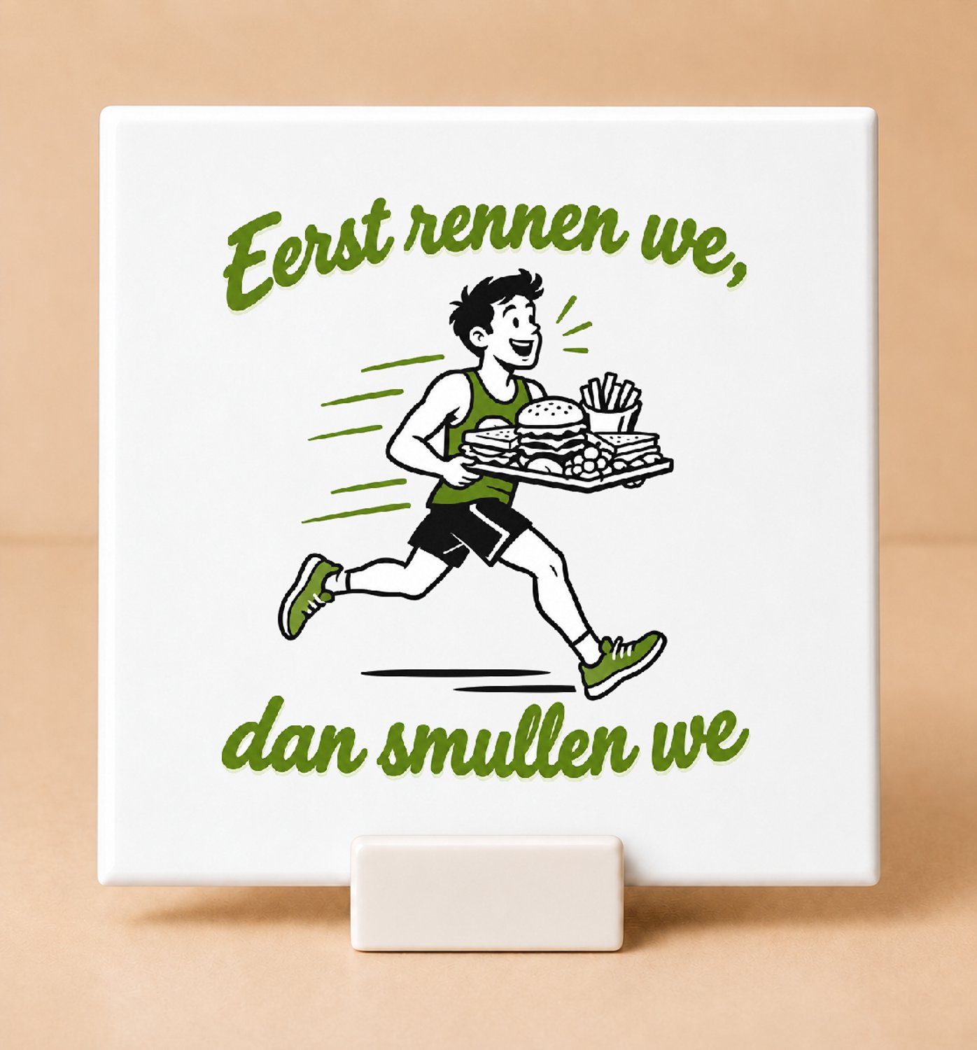 Bedruk King Minimalistische Hardlopers tegen de feestdagenkilo’s Tegel – Stijlvol lijnwerk voor sportieve hardloopfanaten - 11 x 11 cm met houder Wit