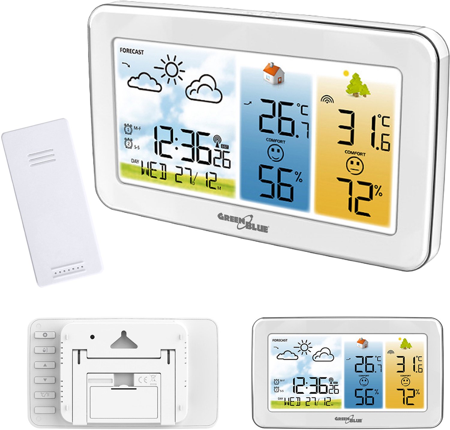 GreenBlue draadloos weerstation, temperatuur + luchtvochtigheid binnen/buiten, klok/alarm/datum, °C / °F, bereik tot 60 m, GB442 W