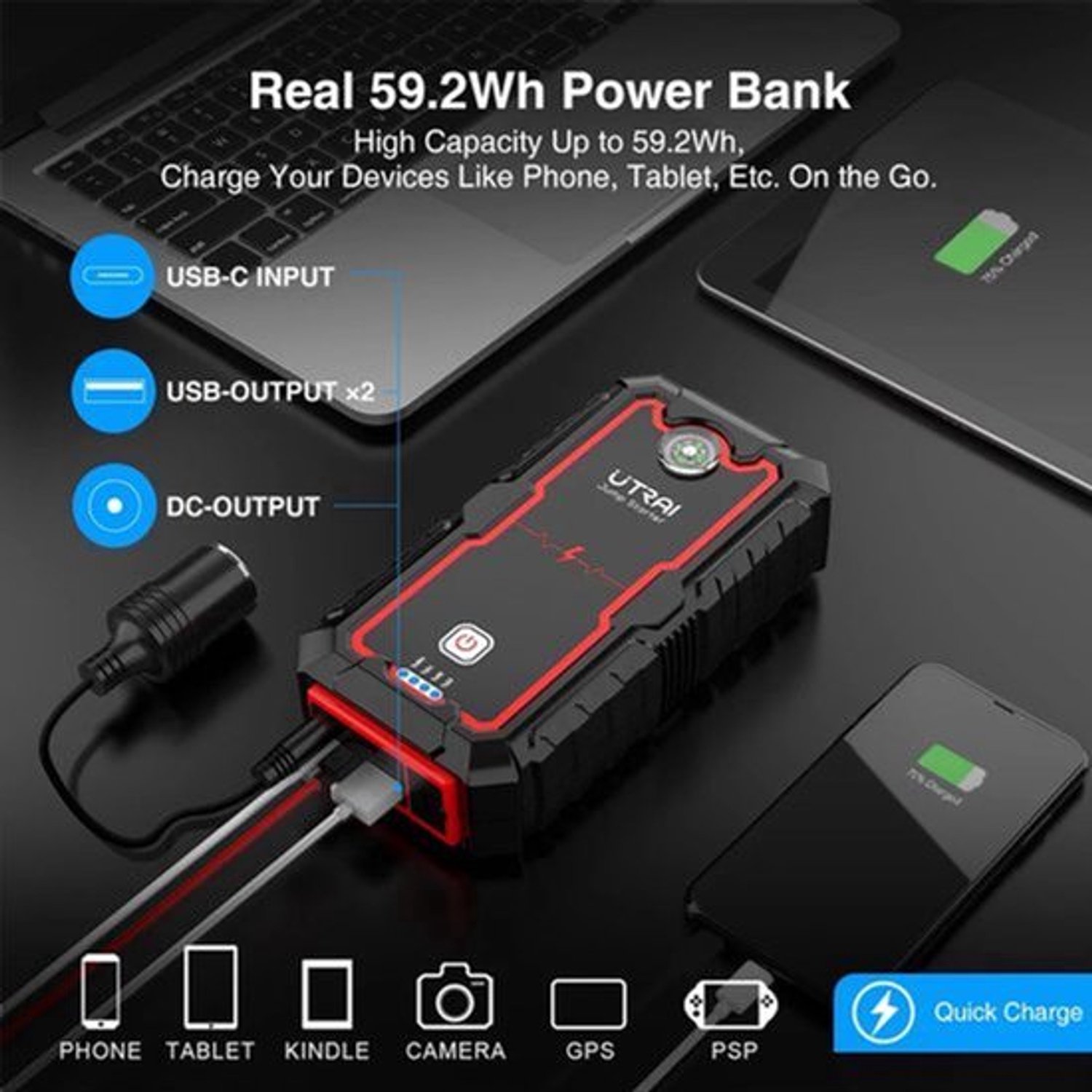 Utrai - JS One - Jumpstarter voor Auto - Startkabels - Starthulp - 12V - 2000A - Jumpstarters - Powerbank - verlichting - SOS - Stroboscoop - Waarschuwing - Zwart