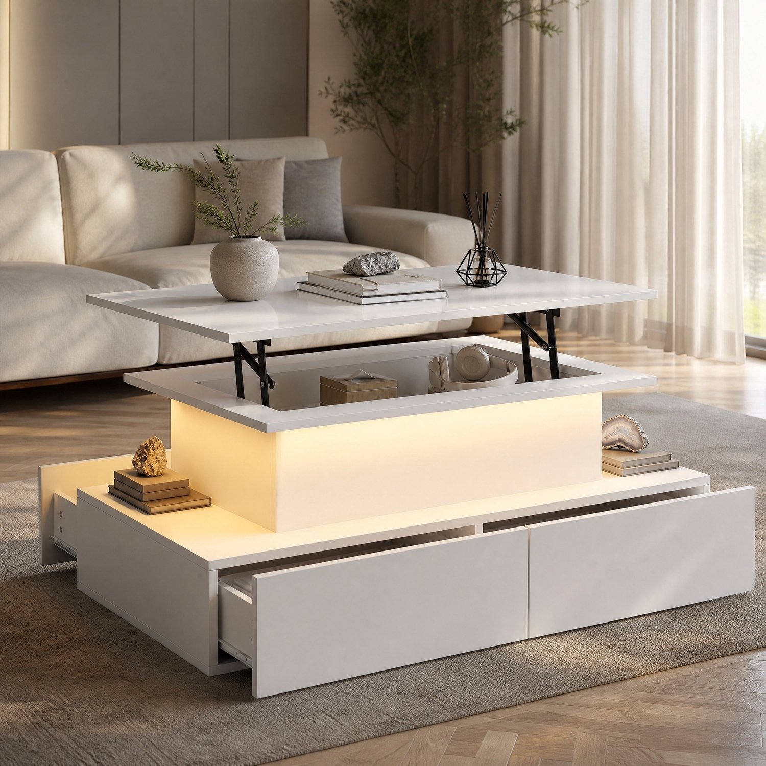 WUVRIE Salontafel 90x55x41 cm - LED-verlichting, uitschuifbaar blad en 4 lades - Wit