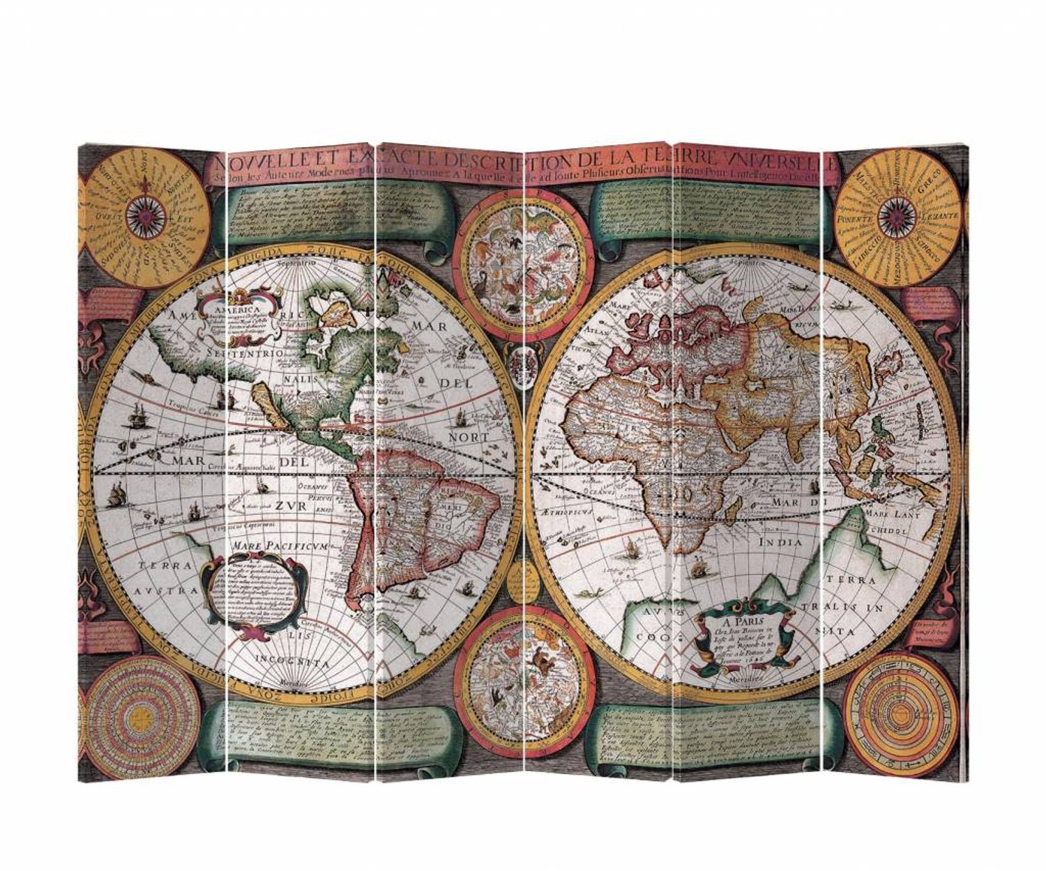 Fine Asianliving Kamerscherm Scheidingswand B240xH180cm 6 Panelen Wereldmap Retro Multicolour
