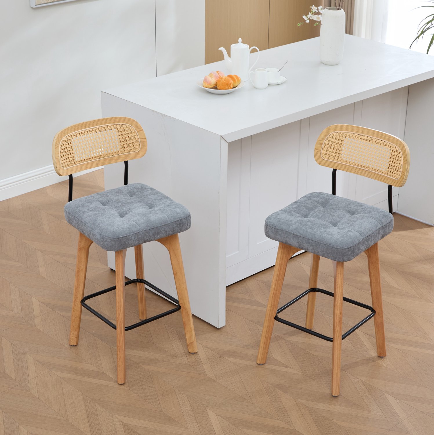 MODFU Set Van 2 Barkrukken - 360° Draaibaar - Rotan Rugleuning - Chenille - Grijs