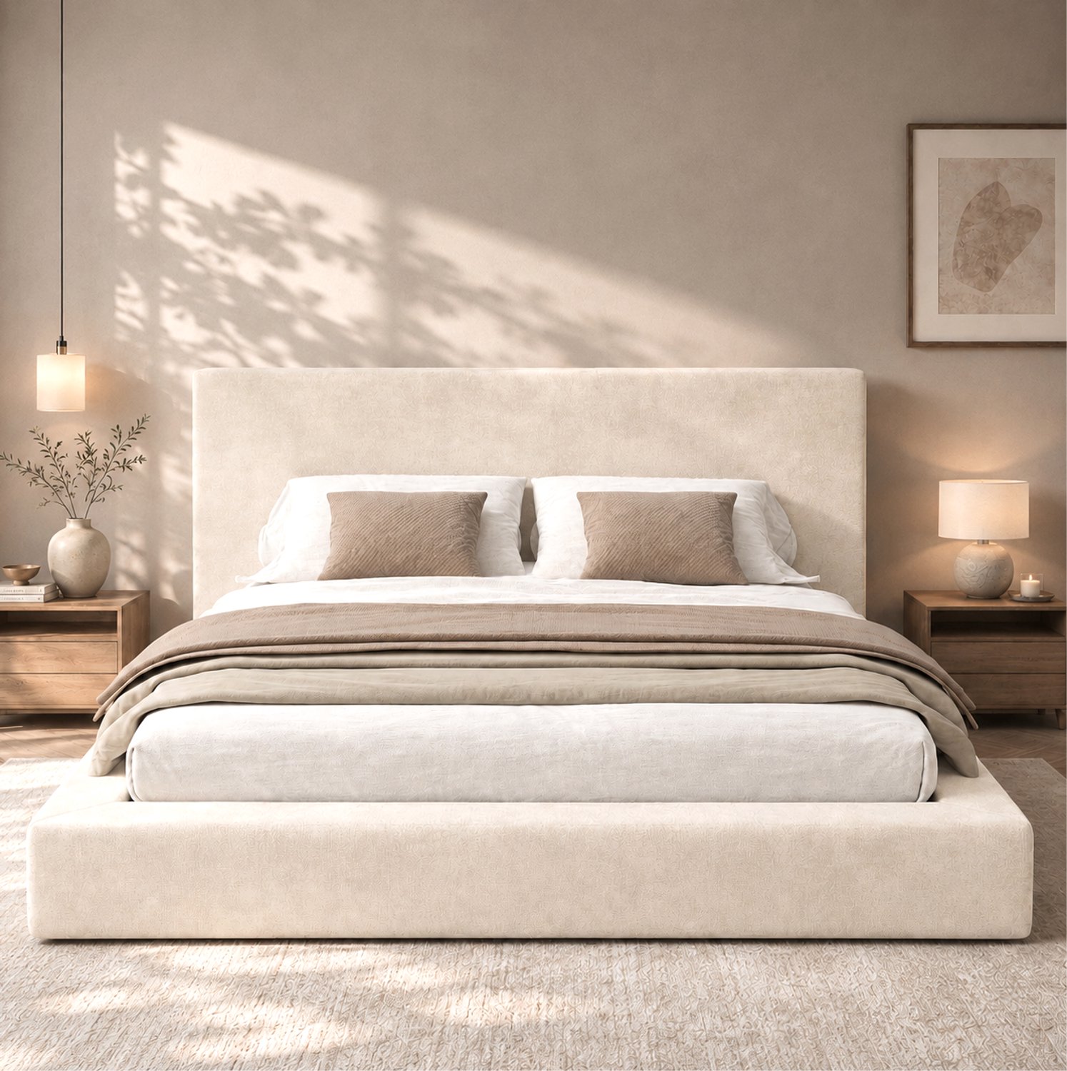 MODENUIT Gestoffeerd Bed – 180 x 200 cm – Hydraulische Opbergruimte – Chenille – Beige – Inclusief Lattenbodem