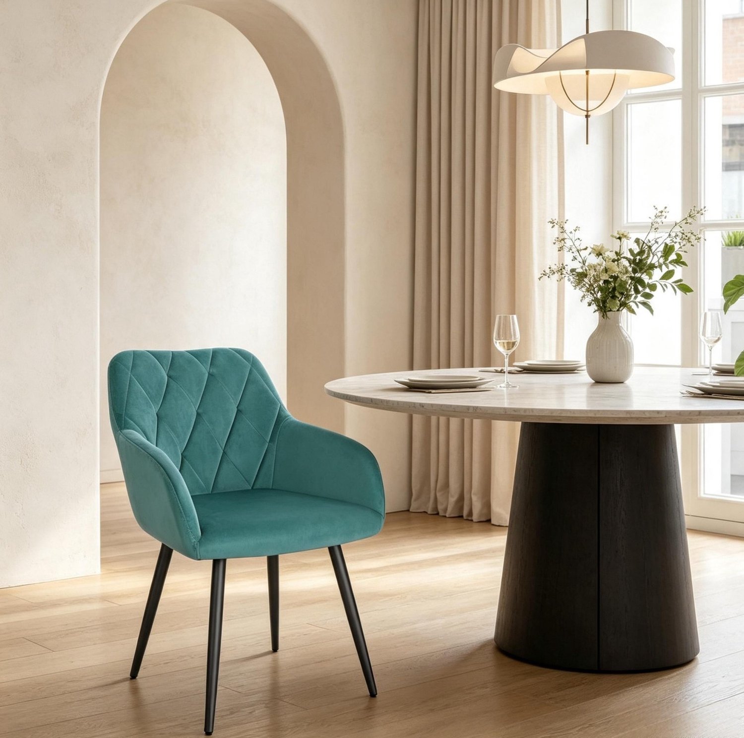 MODFU Eetkamerstoel - Armleuningen - Gewatteerde Zitting - Design - Velvet - Teal Blue Blauwgroen