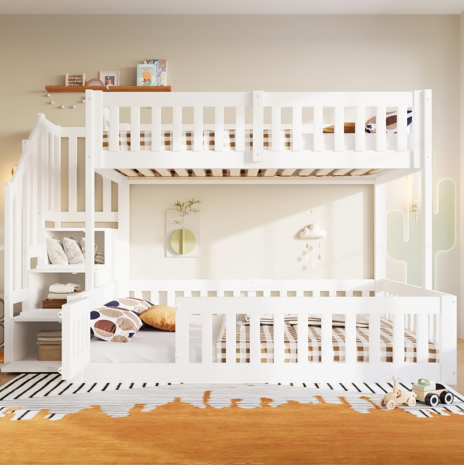 DESMIU Stapelbed 90x200 cm en 140x200 cm – Lage Constructie met Trap en Opbergruimte – Voor Kinderkamer – Hout en MDF – Wit – Zonder Matras