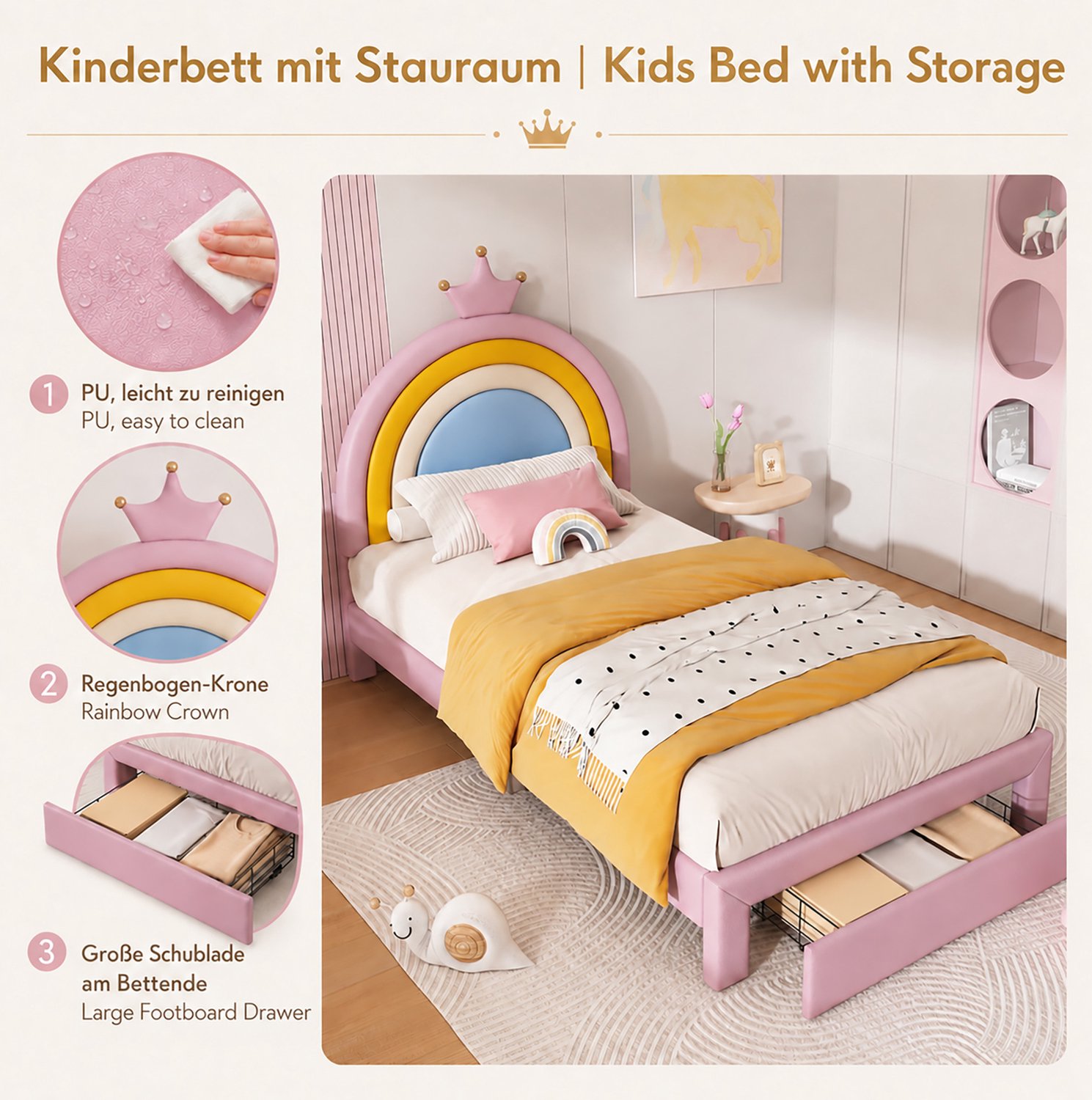 MODENUIT Kinderbed – 90 x 200 cm – Hoofdeinde In Twee Hoogtes – Kunstleer – Roze – Bedlade Met Regenboogkroon