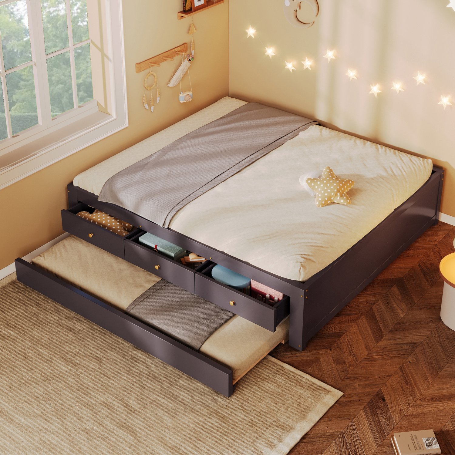 DESMIU Bed 140x200 cm – Met 3 Laden En Uitschuifbaar Logeerbed – Slaap- En Opbergruimte Voor Slaapkamer – Hout En MDF – Zonder Matras – Koffiebruin