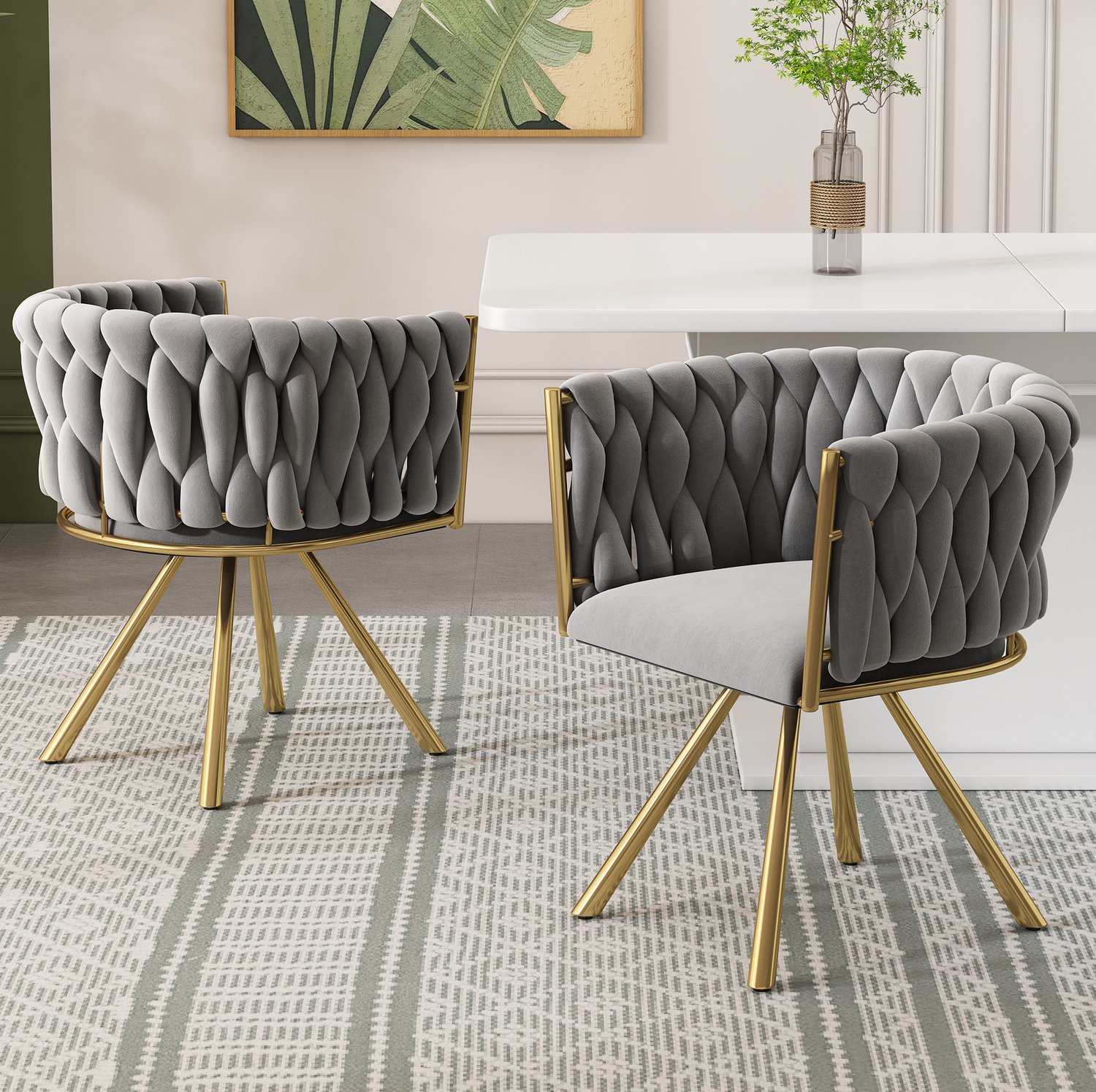 Maisentiel Fluwelen draaibare eetkamerstoel 59 cm met armleuningen, grijs/goud, set van 2