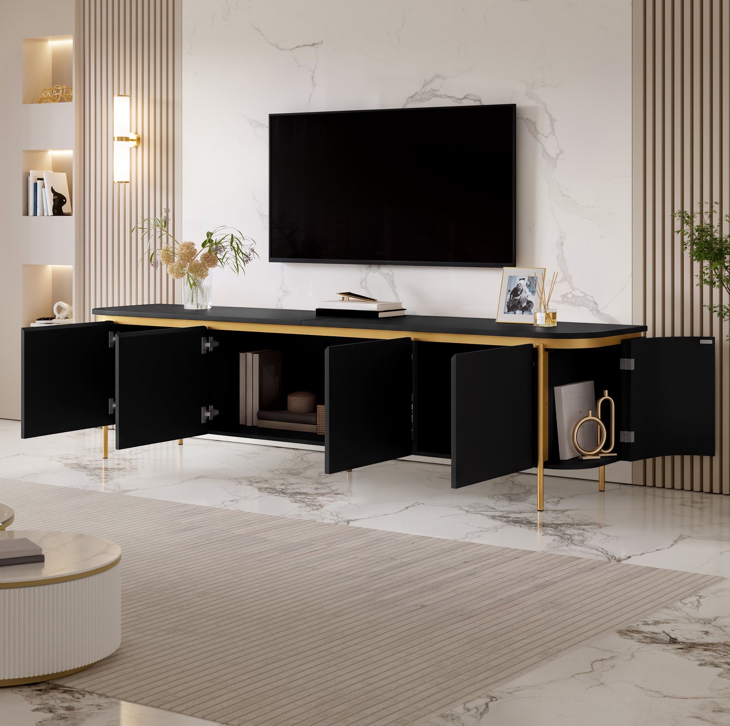 Maisentiel TV-meubel 180 cm - 6 greeploze deuren, kabeldoorvoer, MDF, zwart