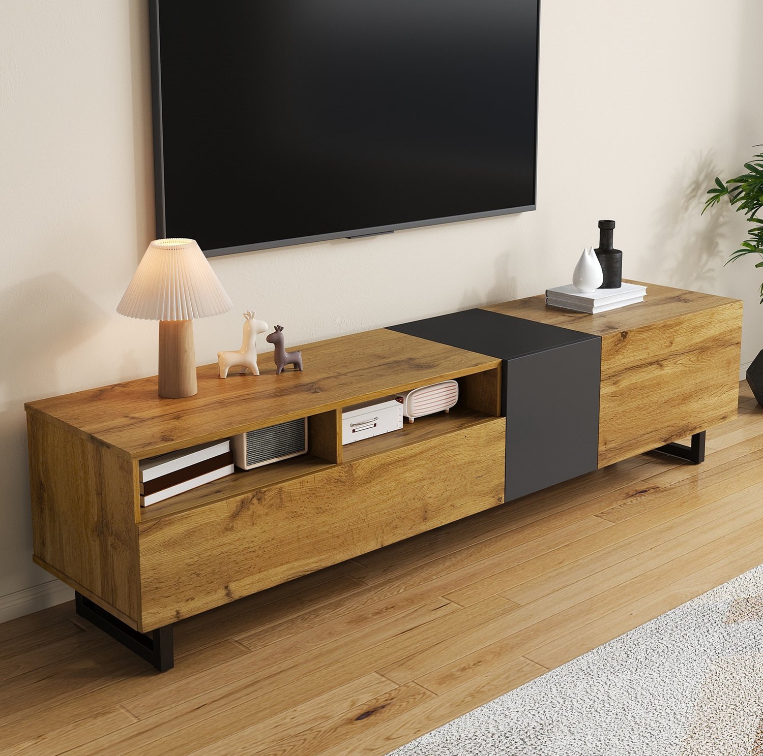 Maisentiel TV-meubel 170 cm met 3 deuren en 2 open vakken, spaanplaat, naturel/donkergrijs Natuurlijke houtkleur