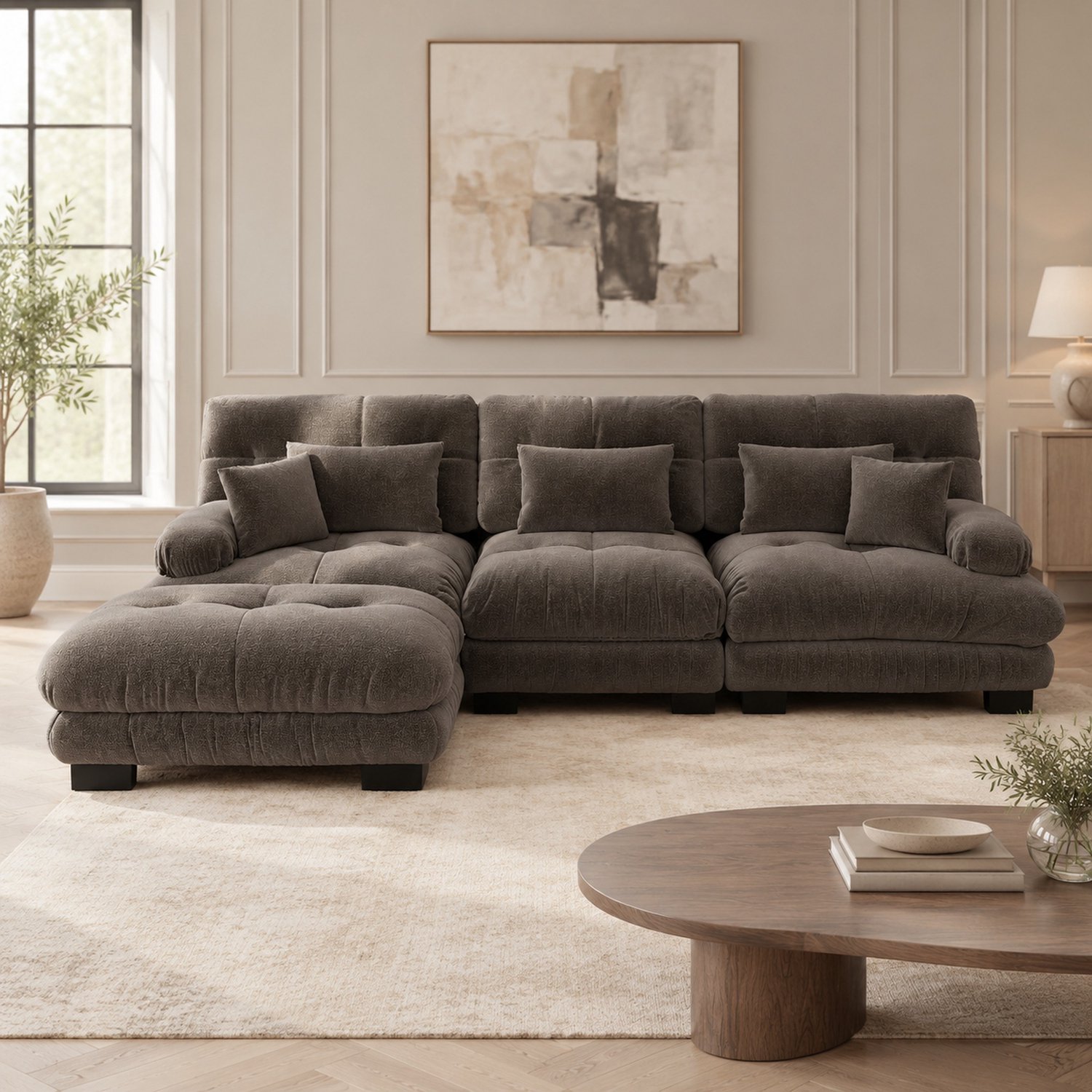 WUVRIE Modulaire hoekbank 313x145x81 cm - Met verplaatsbare ottomans en kussens - Bruin