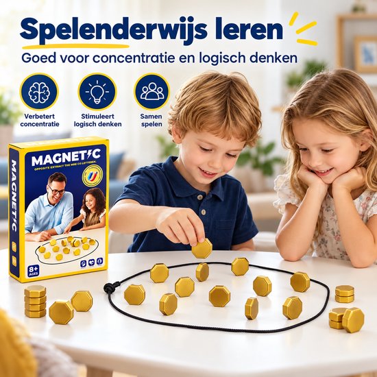 Twee kinderen spelen het magnetische spel met goudkleurige stenen en een zwart speelkoord.