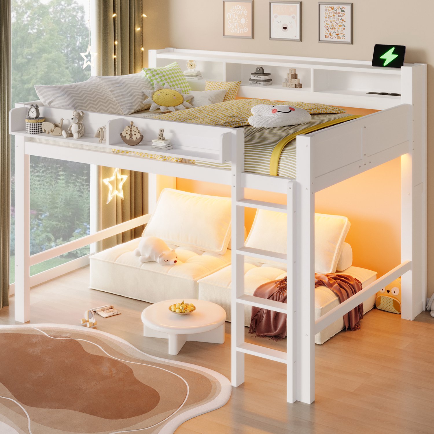 Kinderbed, Tweepersoonsbed, 140x200 cm grote hoogslaper van hout met opbergvakken, LED-verlichting en USB-aansluiting, Wit