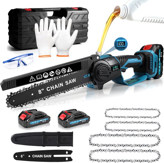 Complete set 8-inch kettingzaag met olie, veiligheidsbril, handschoenen, reservekettingen en draagkoffer.