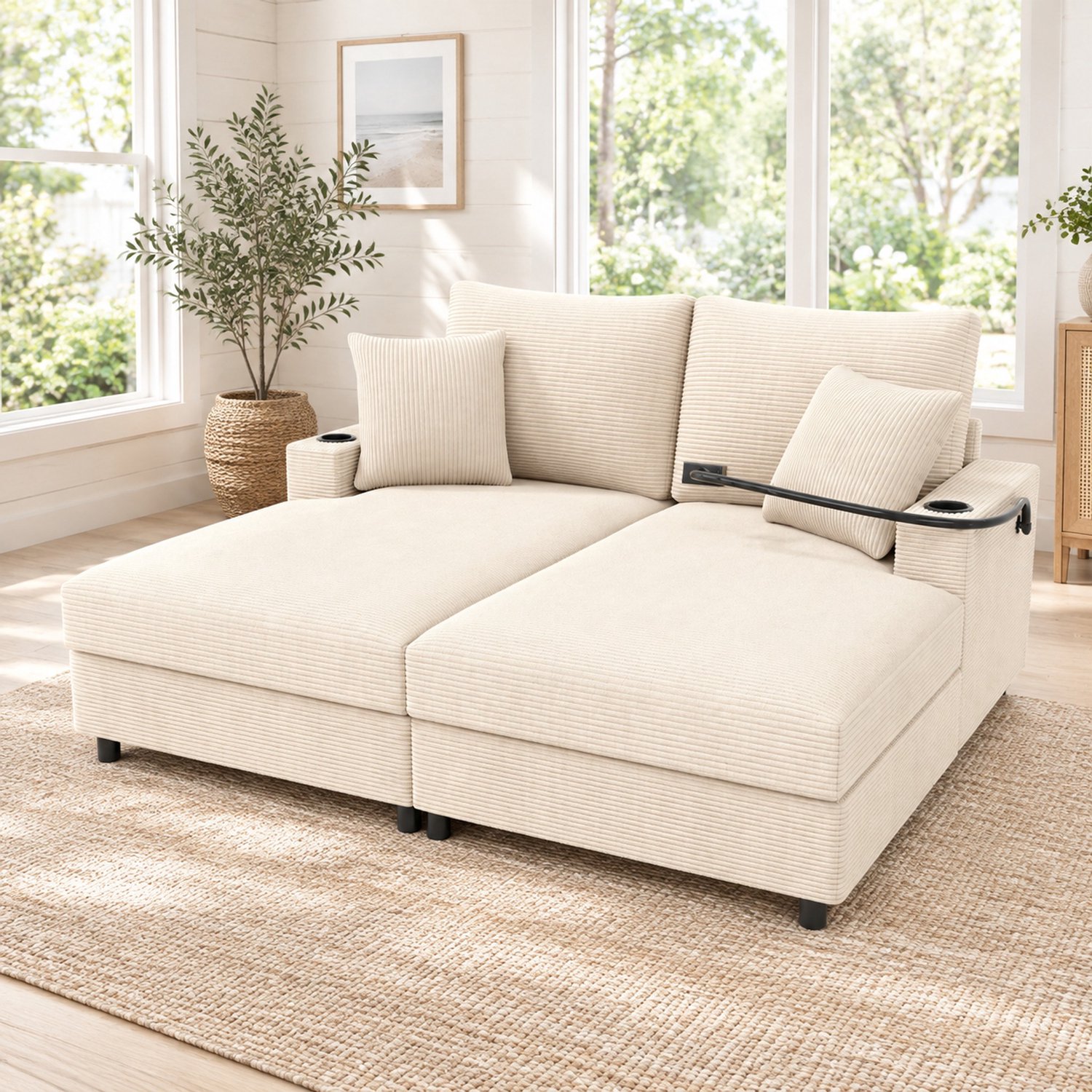 WUVRIE 2-zits slaapbank 163x140 cm - Met slaapfunctie, USB en bekerhouders - Beige