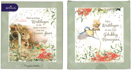 Twee Hallmark kerstkaartdoosjes met illustraties van Marjolein Bastin; een met een konijn en een met een vogeltje.