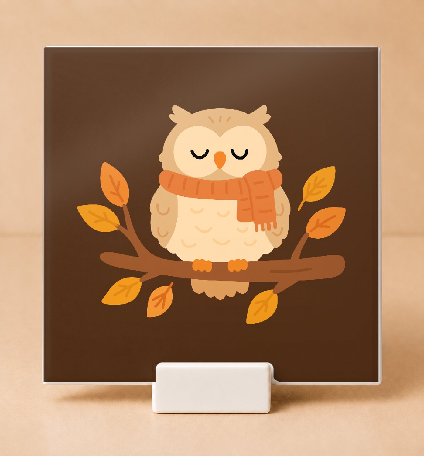 Bedruk King Schattige Uil Tegel – Decoratieve Keramische Tegel met Illustratie voor Herfstliefhebbers en Cadeautips - 15 x 15 cm met houder Wit